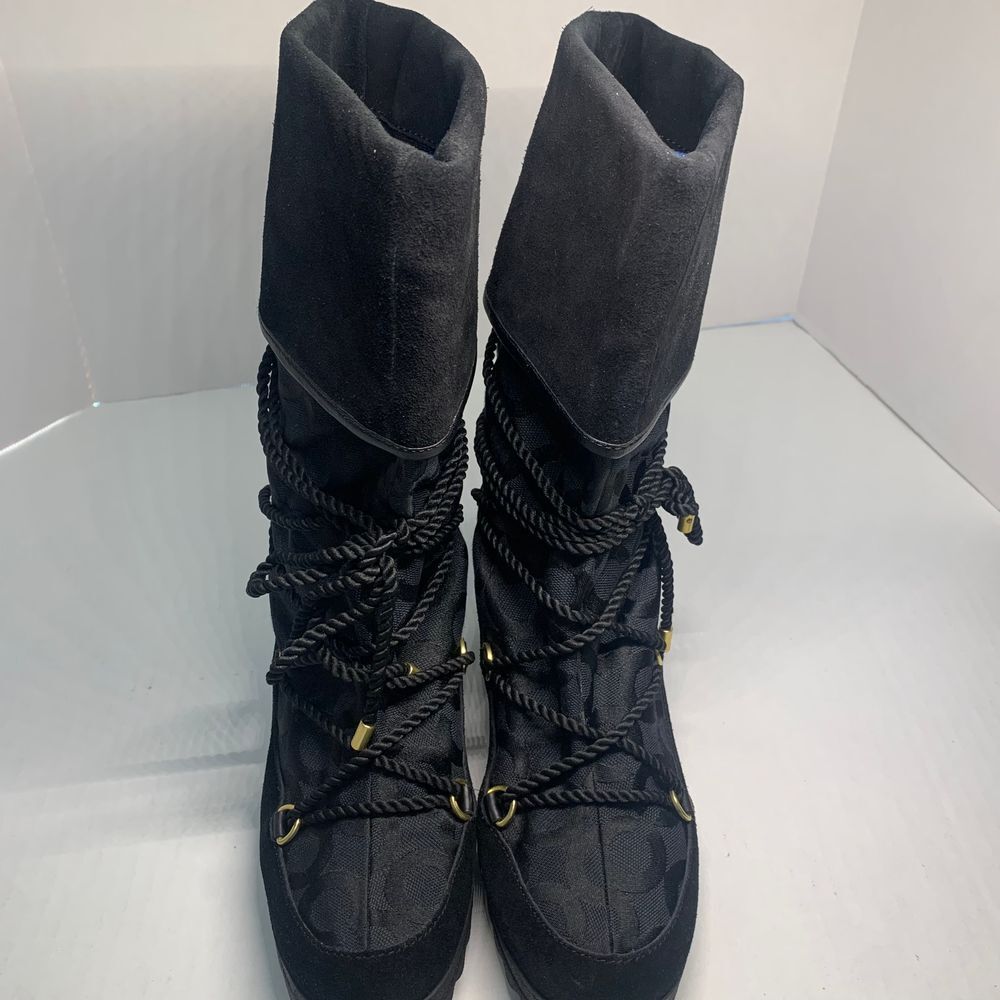 Coach Maisy Black Signature C Lace Up Wedge Boots size 8B - Picture 2 of 12